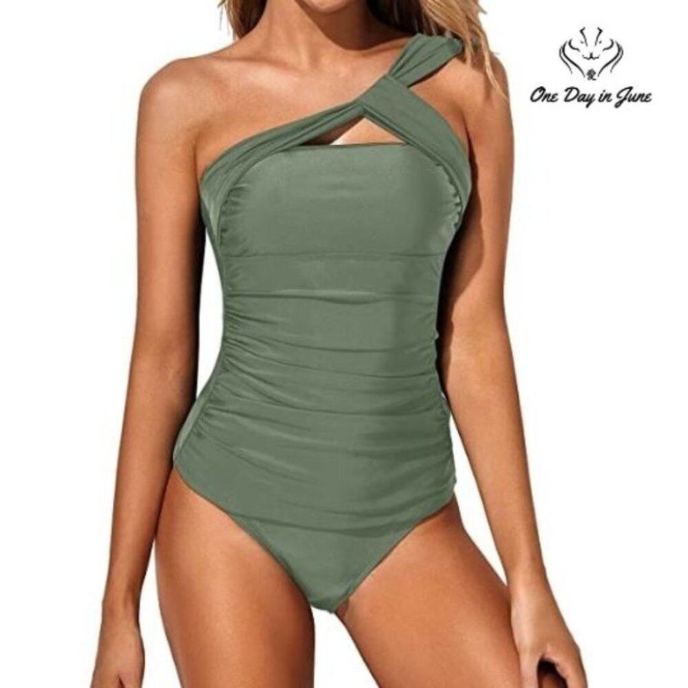 Tempt Me Ruched Tankini One Shoulder Bikini Swimsuit Size L